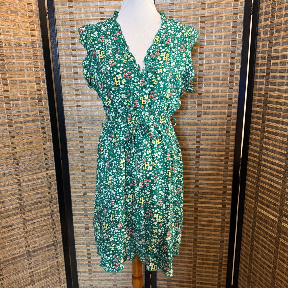 Apricot Floral Dress Women 12 Green Ruffle V-Neck Flutter Sleeve Midi Boho